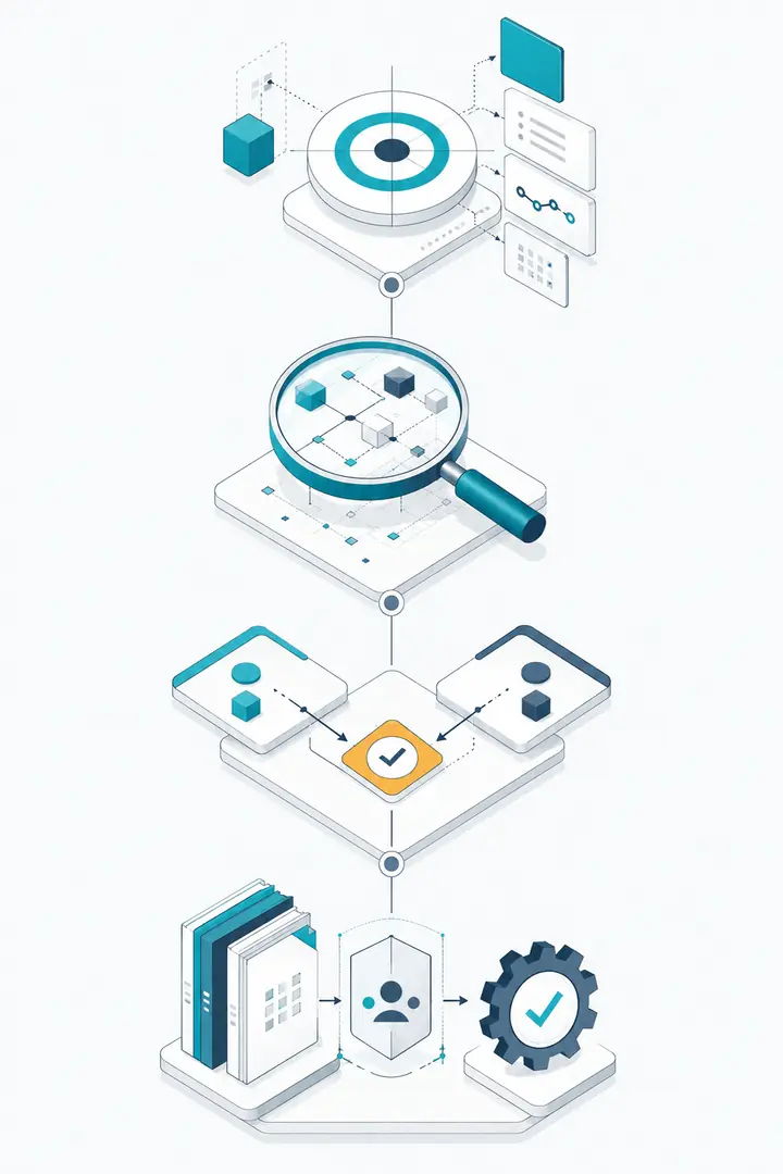 Cheminement visuel reliant la clarification du besoin, le diagnostic, l’arbitrage entre options et la transmission vers un fonctionnement maîtrisé.